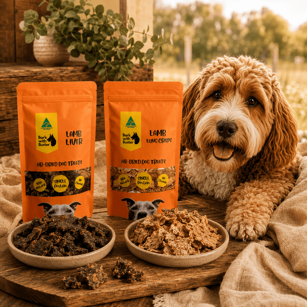 Happy dog beside Bark with Buster Lamb Discovery Box with Australian lamb liver and lamb lung crisps. Two orange bags of Bark with Butter Air-Dried Dog Treats stand on a wooden surface next to two bowls of treats, with a fluffy brown and cream dog lying on a beige blanket in a warm outdoor setting.