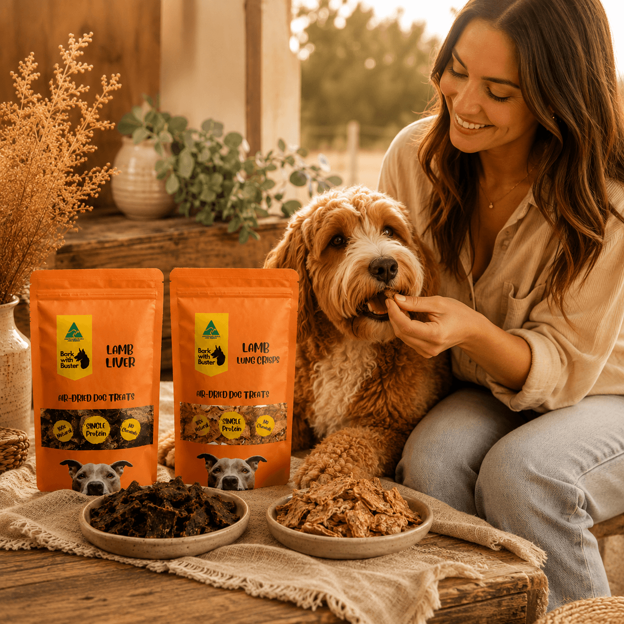 Young woman feeding a dog Bark with Buster Australian lamb liver and lamb lung crisps natural dog treats. A woman sits with a dog outdoors, offering a treat while two orange bags of Love Lake Farm dog treats and two bowls of the treats are displayed in the foreground.