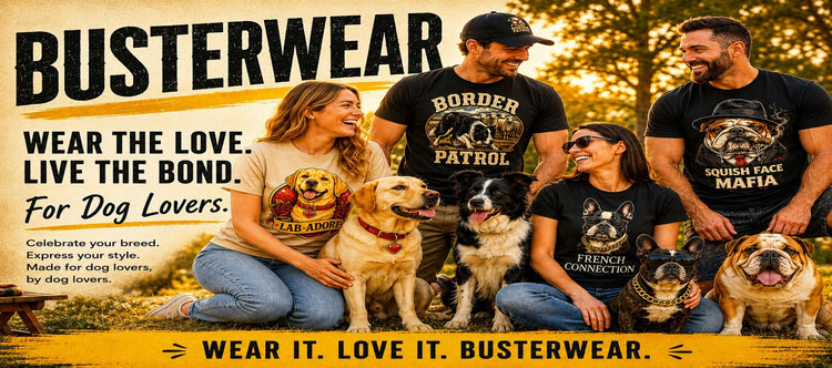 Family of dog lovers wearing BusterWear apparel with their dogs outdoors in Australia premium dog lifestyle banner image