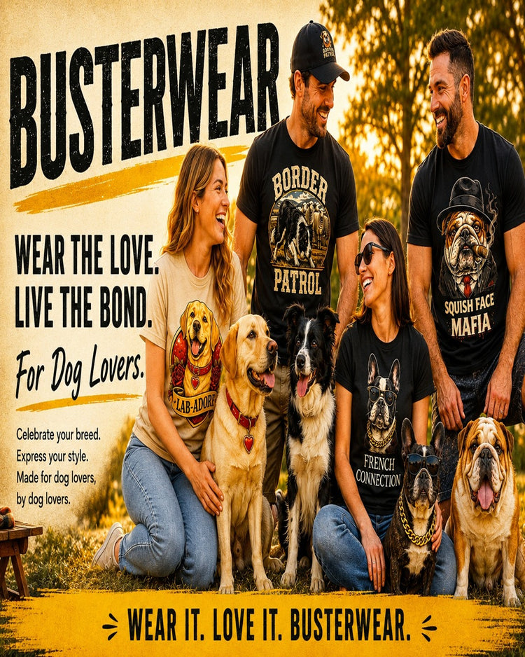 Family of dog lovers wearing BusterWear apparel with their dogs outdoors in Australia premium dog lifestyle mobile image