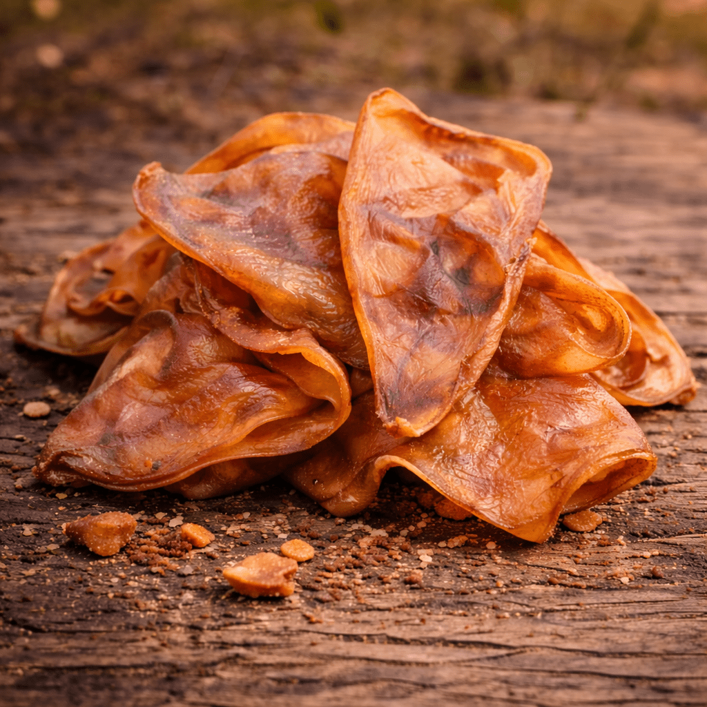Pig ear dog treats Australia – natural air-dehydrated pig ears, long-lasting chew with rich texture on rustic wooden background