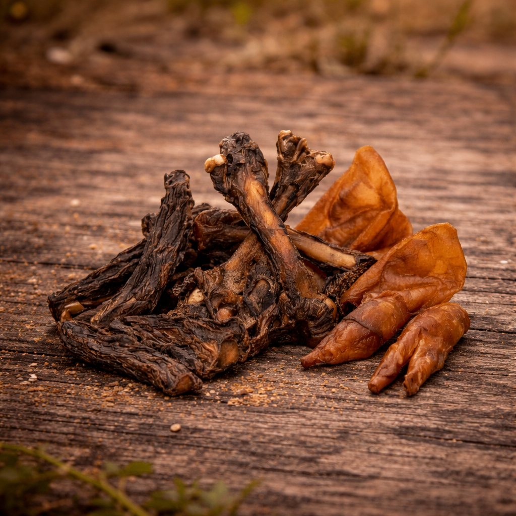 Assorted natural dog chews Australia – kangaroo tail pieces, kangaroo femurs, pig ears, pig trotters and emu lumbar split, air-dehydrated Bark with Buster dog treats