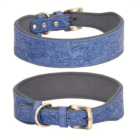 Stylish blue embossed leather dog collar with gold buckle and printed pattern