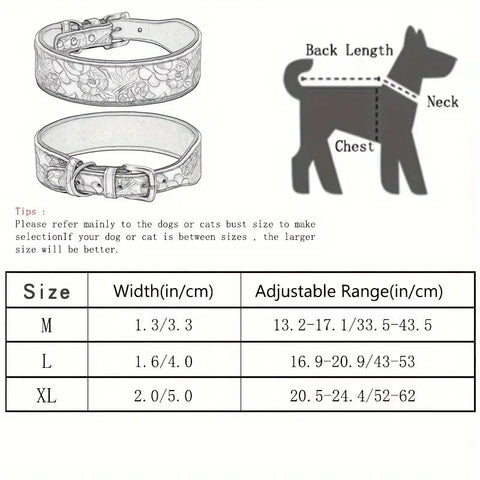 Embossed leather dog collar size guide and measurements chart