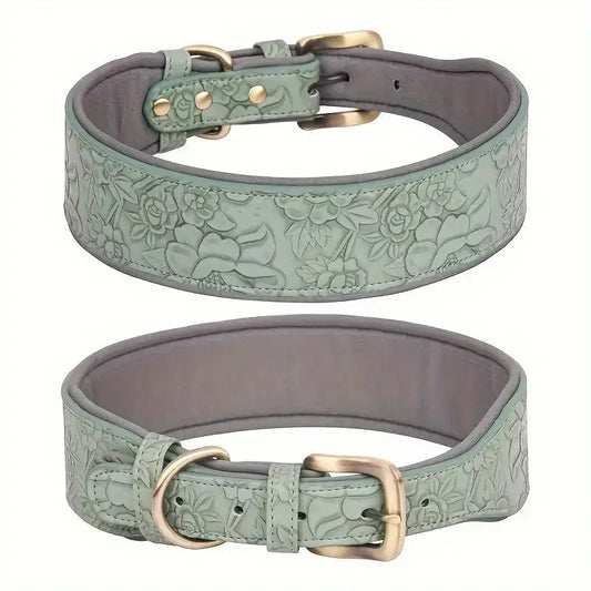 Embossed green leather dog collar with printed design and metal buckle