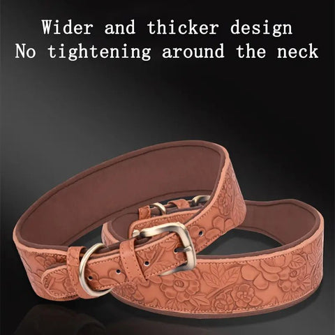 Stylish embossed brown leather dog collar with premium printed design