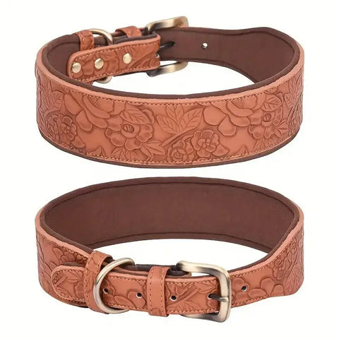 Wide embossed brown leather dog collar with adjustable fit and gold buckle