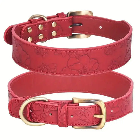 Red embossed leather dog collar with stylish printed design and gold hardware