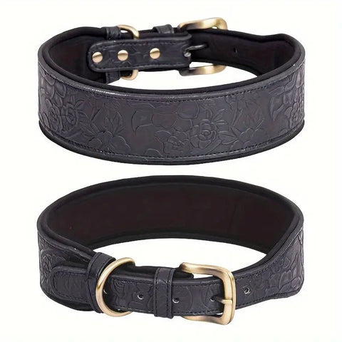 : Adjustable embossed black leather dog collar with printed pattern and metal buckle
