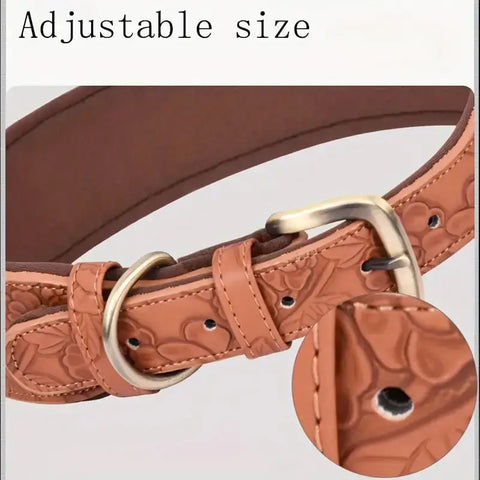 Embossed brown leather dog collar with printed design and durable gold buckle
