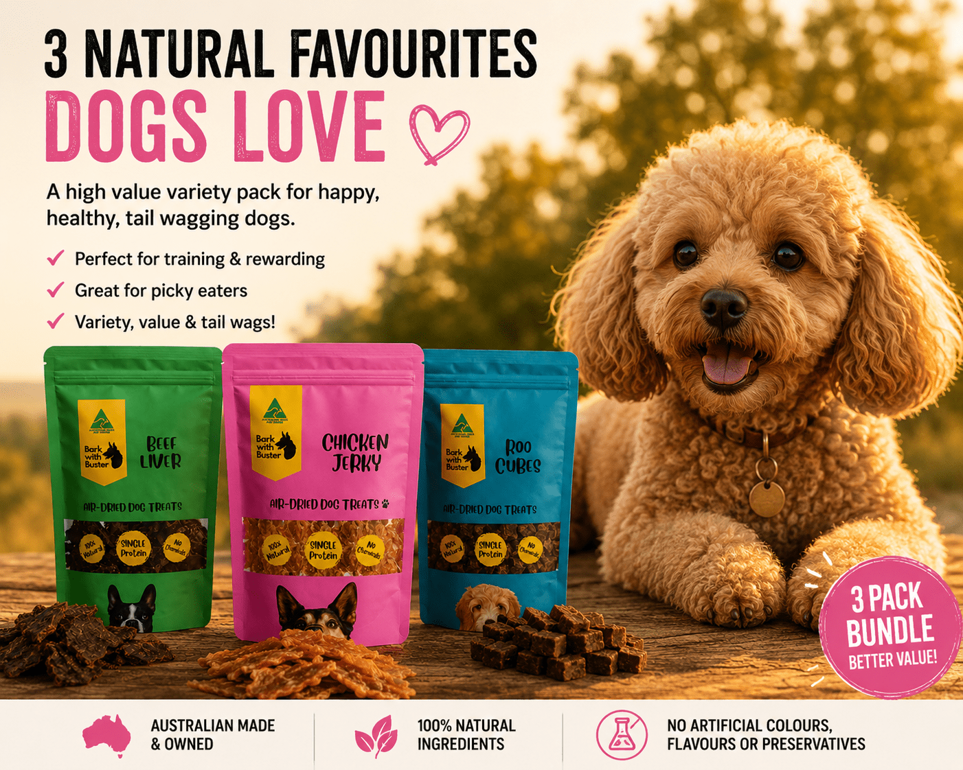 Dog Treats Value Pack Australia | Natural Beef Chicken & Kangaroo Mix - Bark with Buster