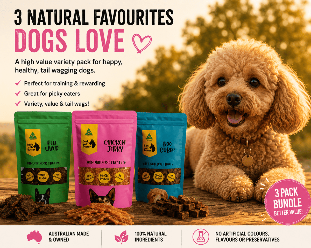 Dog Treats Value Pack Australia | Natural Beef Chicken & Kangaroo Mix - Bark with Buster