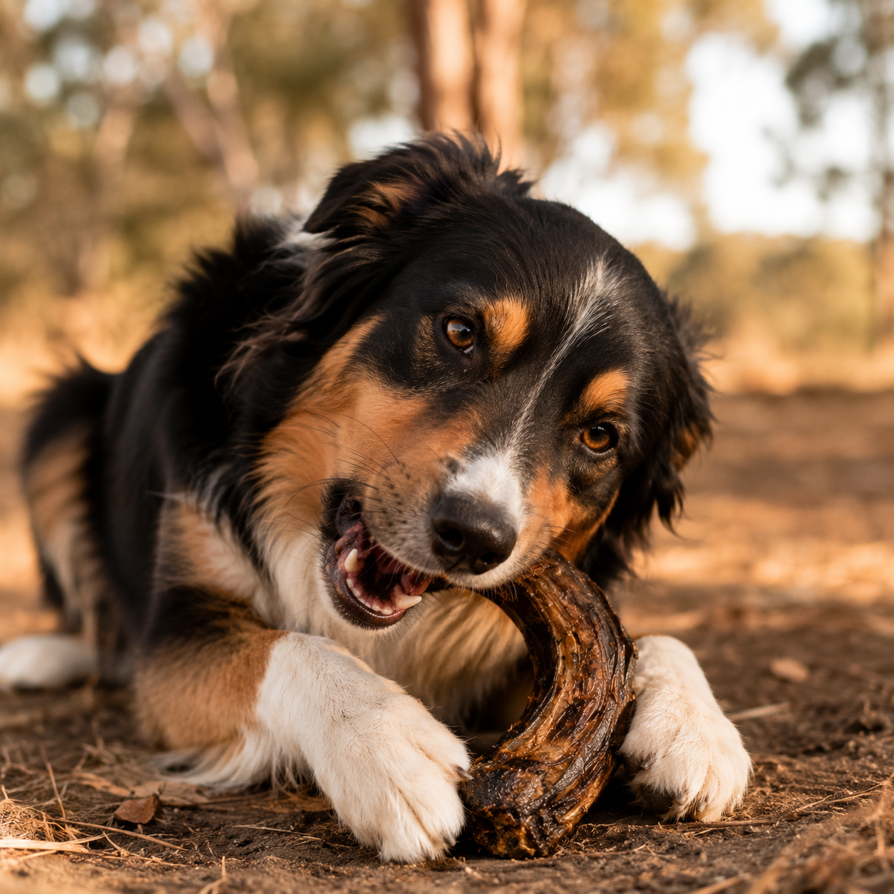 Medium to large dog enjoying an Australian emu neck chew as a supervised natural dog treat