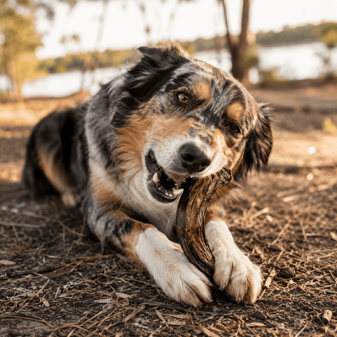 Medium to large dog enjoying an Australian emu neck chew as a supervised natural dog treat