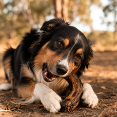 Medium to large dog enjoying an Australian emu neck chew as a supervised natural dog treat