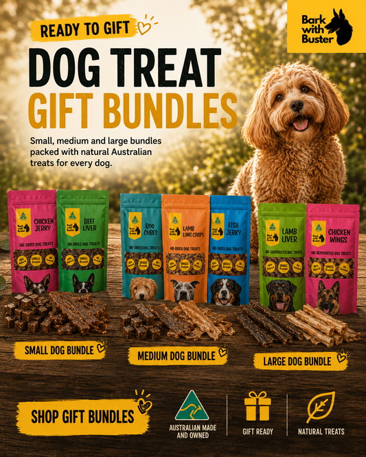Small, medium and large Bark with Buster dog treat gift bundles with natural Australian treats and a Cavoodle outdoors. Promotional graphic for Bark with Buster dog treat gift bundles, showing a golden retriever outdoors and several colorful bag packs of dog treats arranged on a wooden surface with pieces of dog chew in front. Text highlights small, medium, and large bundles.