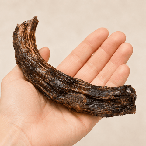 Hand holding an Australian emu neck dog chew to show natural size shape and texture