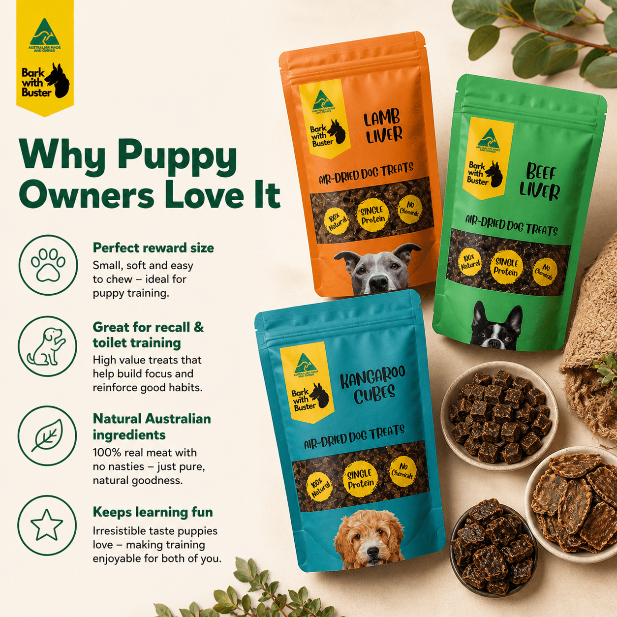 First Steps Puppy Training Pack – 3 Natural Rewards for Clever Little Paws - Bark with Buster