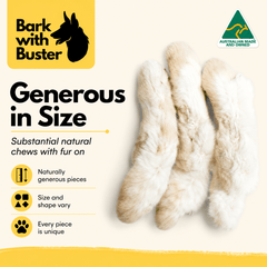 Generously sized Australian rabbit feet dog chews with natural fur on