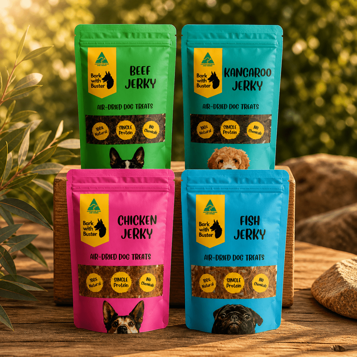 Jerky Variety Bundle 4 x 200g Natural Dog Treats Australia - Bark with Buster