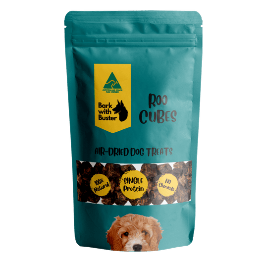 Kangaroo Cube Dog Treats in teal Bark with Buster Packaging