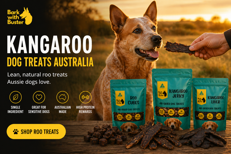 Australian kangaroo dog treats featuring Red Heeler and premium single ingredient kangaroo treats