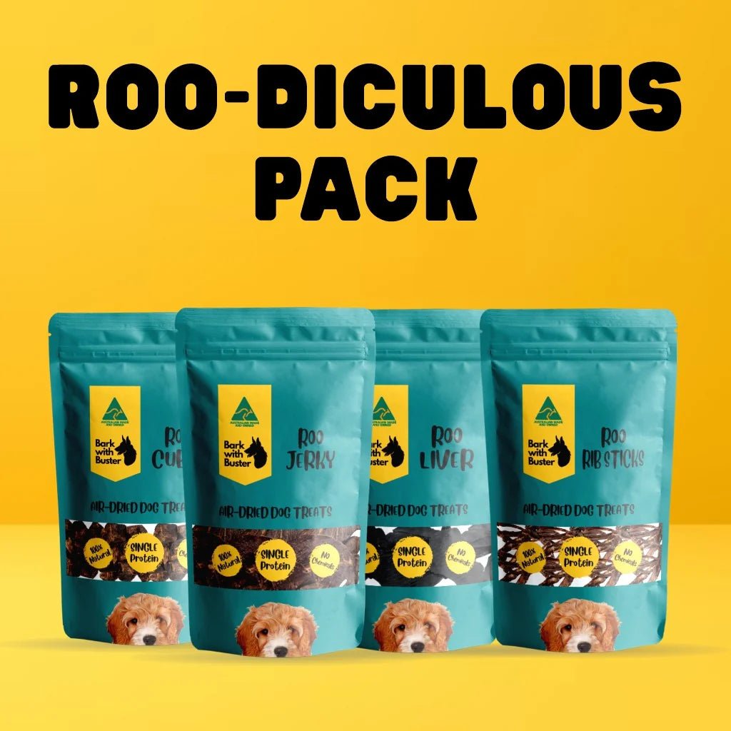Kangaroo Dog Treats Saver Pack - Bark with Buster Bulk Dog Treats on Yellow Background