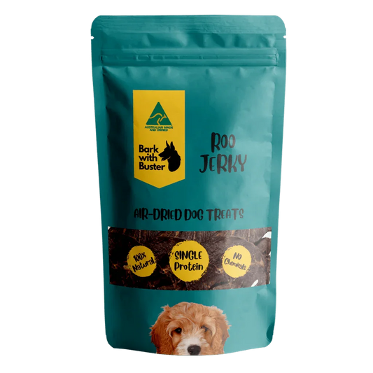 Kangaroo Jerky Dog Treats in Teal Bark with Buster Branded Packaging
