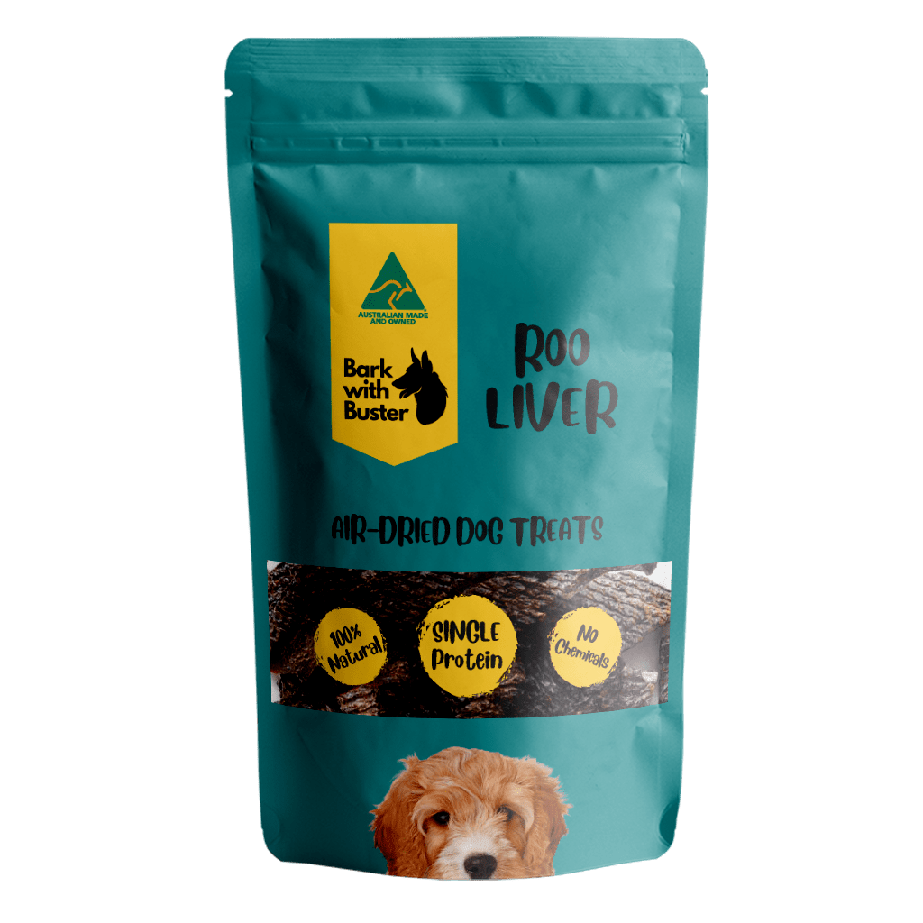 Kangaroo Liver Dog Treats in teal Bark with Buster packaging 