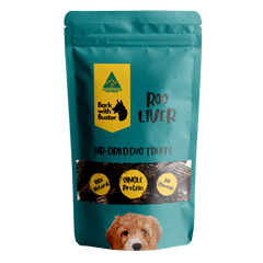 Kangaroo Liver Dog Treats in teal Bark with Buster packaging 