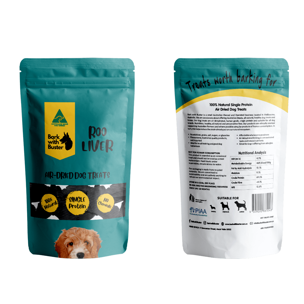 Kangaroo Liver for Dogs in teal Bark with Buster packaging