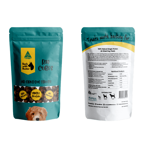 Kangaroo Cube Dog Treats in teal Bark with Buster Packaging Front and Back