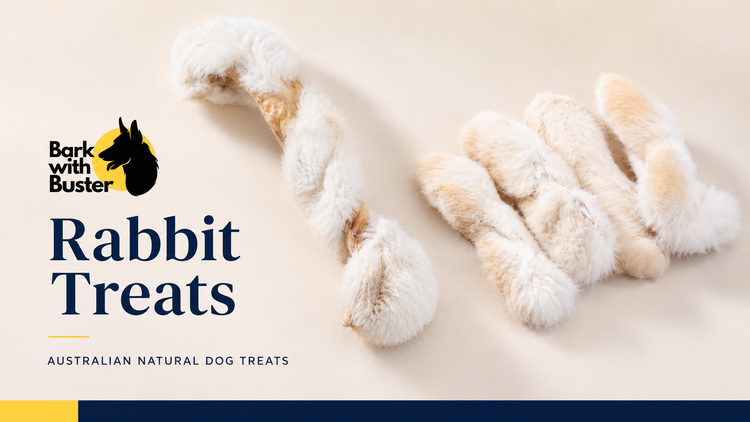 Natural rabbit dog treats featuring rabbit feet and rabbit skin twists for dogs from Bark with Buster