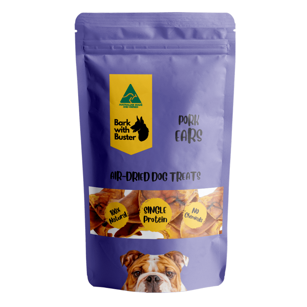 Pig Ears Dog Treats in purple Bark with Buster packaging