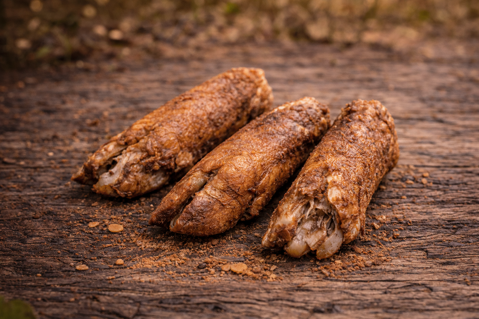 Pork trotter splits natural dog treats Australia – air-dehydrated, long-lasting chew with exposed bone and cartilage on rustic wooden background