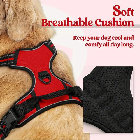 Reflective dog harness no pull with soft breathable cushion for comfort walks and keeping dogs cool.