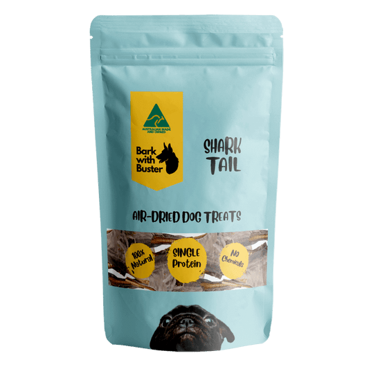 Shark tail chew in Light Blue Bark with Buster Packaging