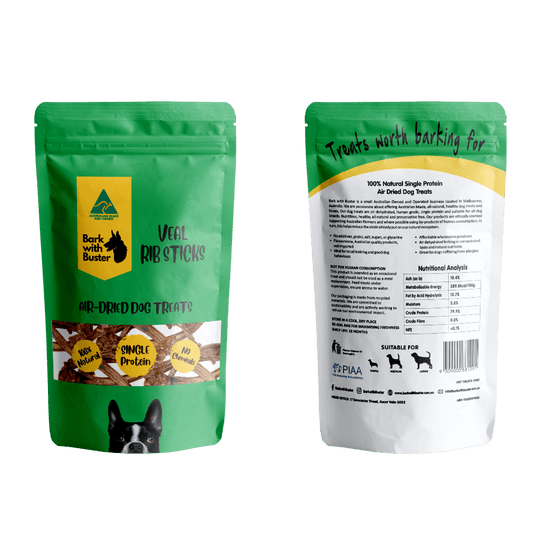 Veal Rib Sticks Dog Treats packaging showcasing natural air-dried dog chews for healthy dogs.