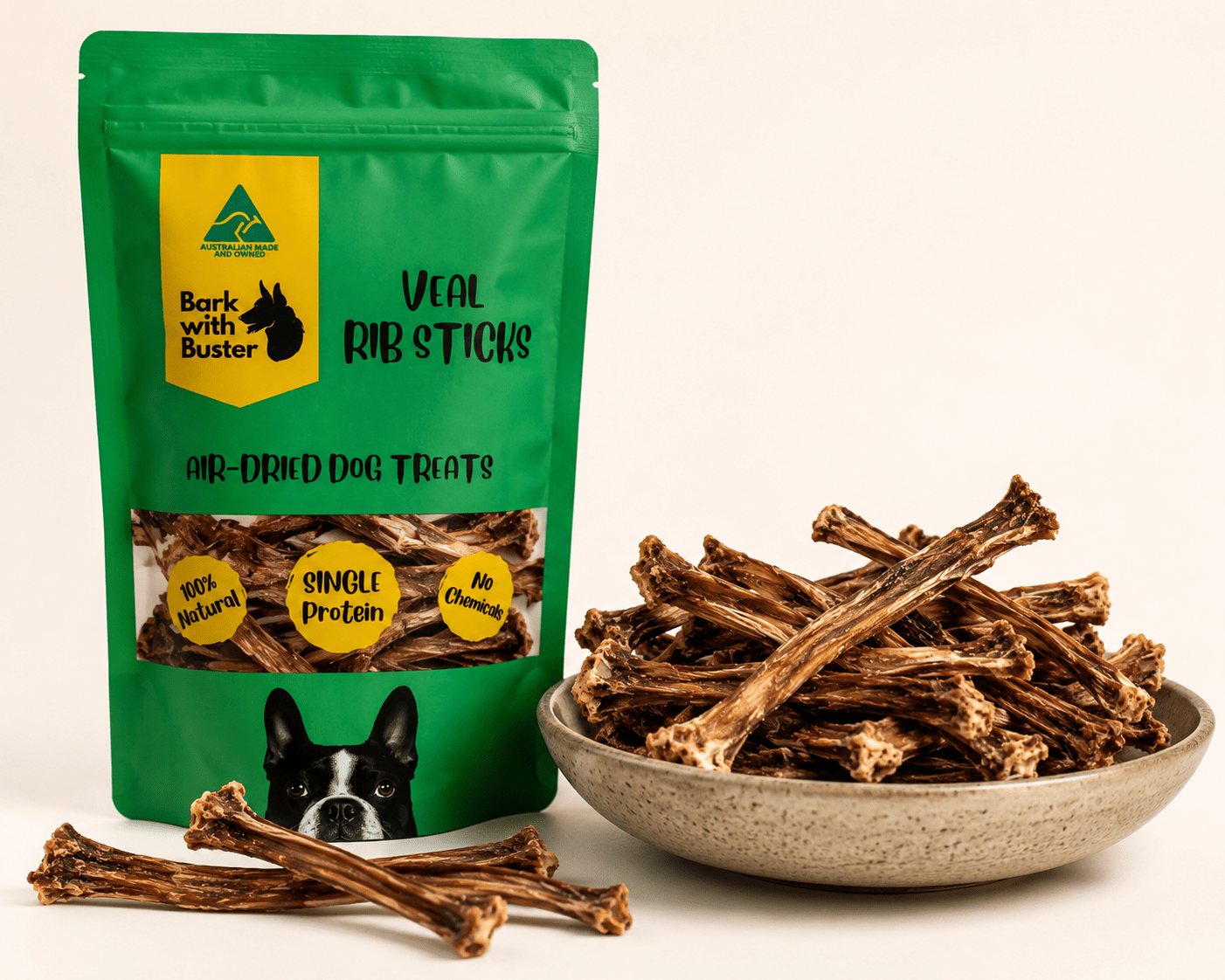 Veal Rib Sticks Dog Treats Australia – Natural Crunchy Air Dehydrated Dog Chews - Bark with Buster