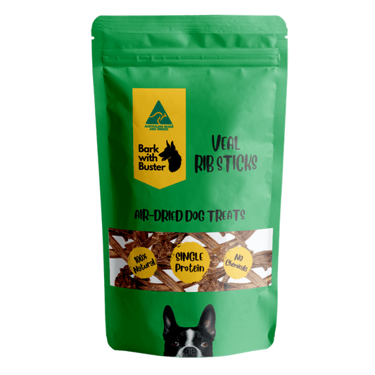 Veal Rib Sticks Dog Treats package featuring air-dried, 100% natural, single protein chews for dogs.